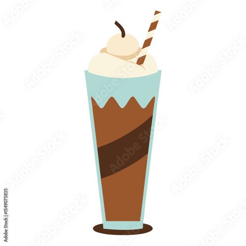 Vector Chocolate Milkshake Glass with Whipped Cream and Straw on White Background