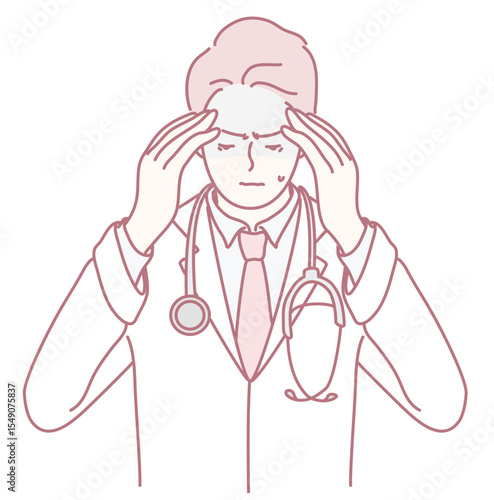 A minimalist illustration depicting a doctor holding their head while showcasing and expressing symptoms of a headache