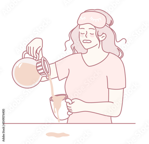 A woman is pouring coffee in her kitchen, facing an unexpected morning mishap while trying to wake up