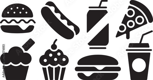 Restaurant fast food icon pack in black silhouette vector style