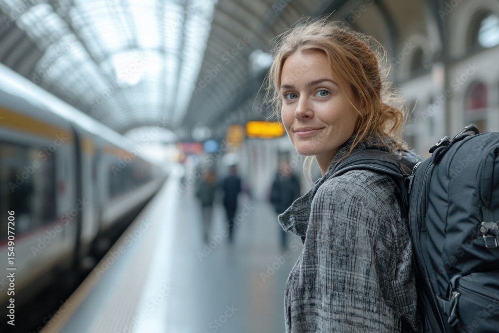 Woman Standing at Train Station with Suitcase, Looking Ahead Woman Standing at Train Station with Suitcase, Looking Ahead