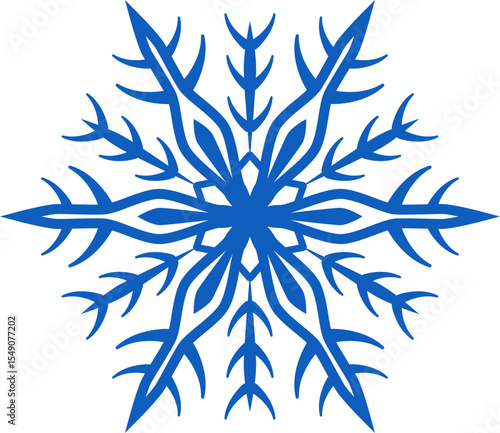 Stylized blue snowflake resting on a pristine white background, capturing the essence of winter, evoking feelings of coldness, ice, snow, and festive Christmas decorations