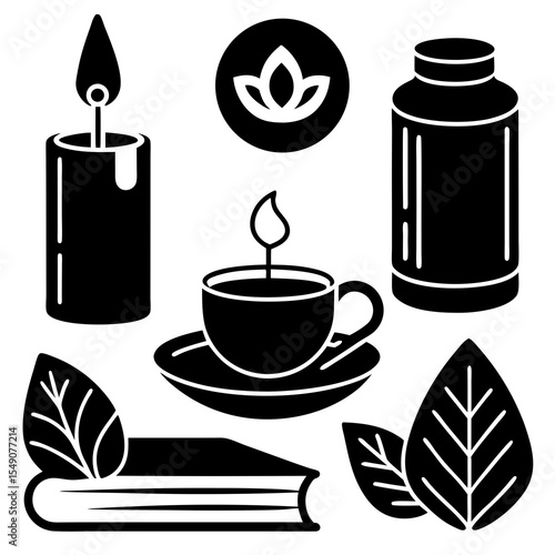 Self-care icons: tea, candle, book, yoga mat