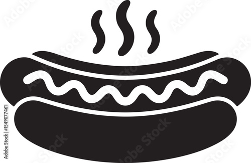 Vector hotdog glyph with steam and mustard in flat silhouette style