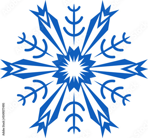 Stylized blue snowflake with sharp edges and rounded shapes creating a festive and wintery mood, perfect for Christmas or holiday decorations