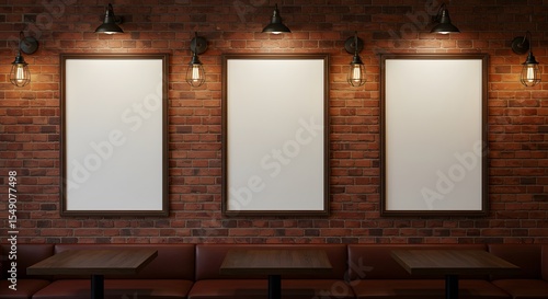 Three Blank Posters on Brick Wall in Rustic Bar Setting, Perfect for Mockups and Advertising