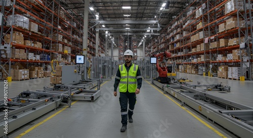 Confident Warehouse Worker Navigates a Modern, Automated Logistics Facility, Embracing Technological Advancement in Supply Chain Management.
