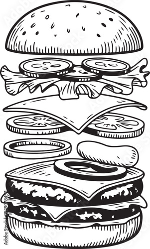 Artisan sketch of a vintage burger broken into ingredients