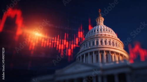 United States Capitol Building under dramatic sky with financial graph overlay at night