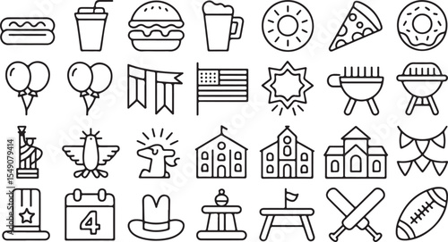 USA Independence Day vector pack with outline party food and celebration items