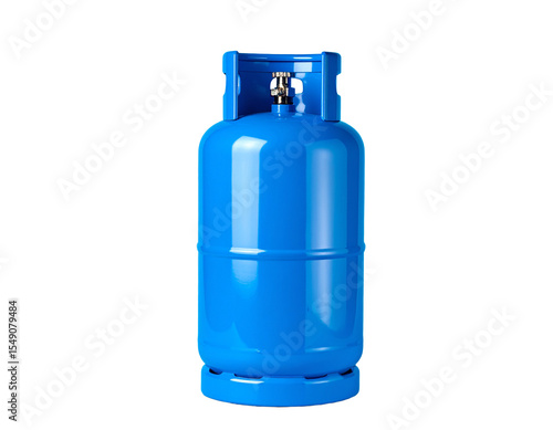 Blue gas cylinder isolated on white, metal tank for fuel storage.