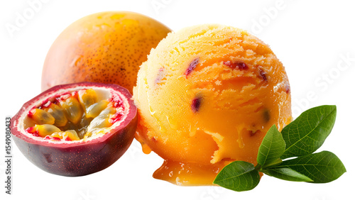 Orange passion fruit ice cream scoop with fresh halved fruit and green leaves, drizzled with sauce on a transparent background