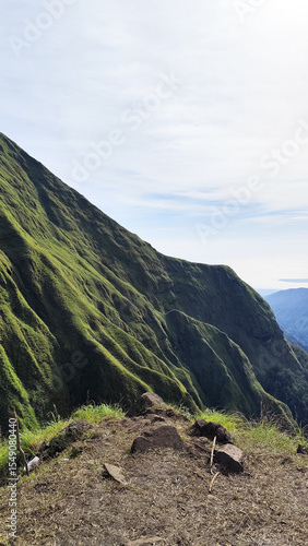 Summer mountain landscape with green grass and panoramic views of hills, trees, and sky