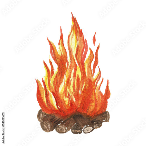 campfire, fire, lighting a fire, campfire in nature, wood burning, watercolor illustration for design