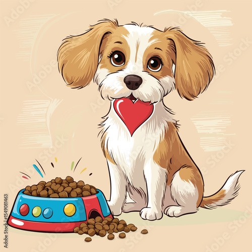 Cute dogs bite heart with a bowl of food Vector illustration