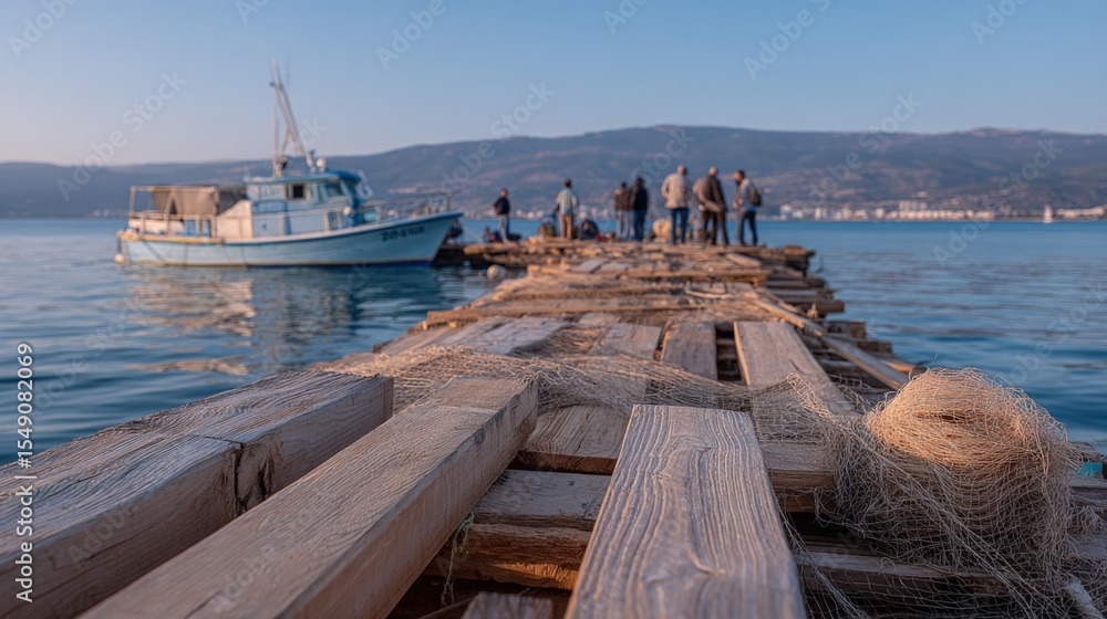 Fototapeta premium Long wooden pier extending over calm water with a boat and people in background