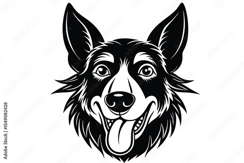 Black and white depicts a smiling dog head with tongue visible Black and white depicts a smiling dog head with tongue visible