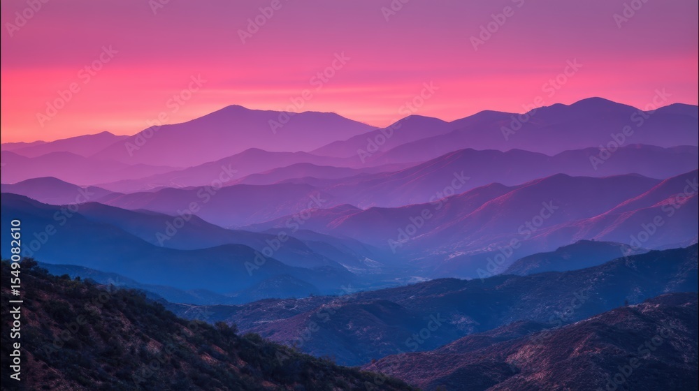 Fototapeta premium Dramatic twilight silhouette of a mountain range against a vibrant purple and pink sky