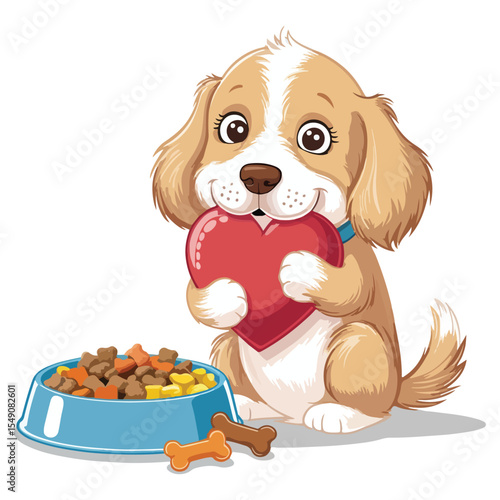 Cute dogs bite heart with a bowl of food Vector illustration