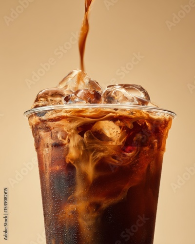 Close-up of caramel iced Americano coffee in a transparent plastic cup with swirling coffee and water texture, commercial beverage photography showcasing artisanal coffee craft, refreshing summer cold
