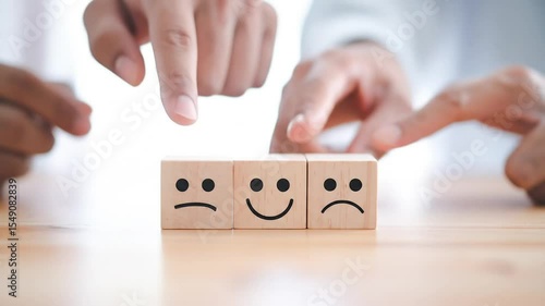 Hands selecting feedback options on small wooden blocks