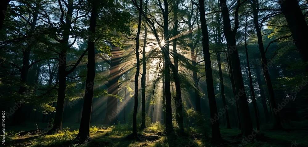 Obraz premium Dark, brooding Swedish forest near Uppsala, dappled sunlight filtering through ancient trees, sunlight, wilderness