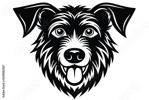 Black and white silhouette shows a happy dog with its tongue sticking out