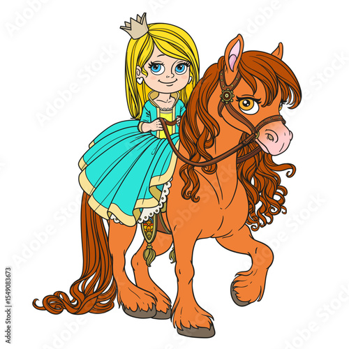 Beautiful cartoon little blond princess in ball dress riding on brown horse on white background