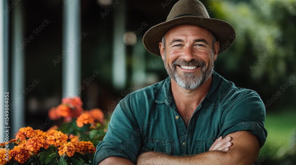 Obraz premium A cheerful middle-aged man in a hat smiles broadly while surrounded by vibrant flowers, combining elements of nature and human happiness in a picturesque outdoor setting.