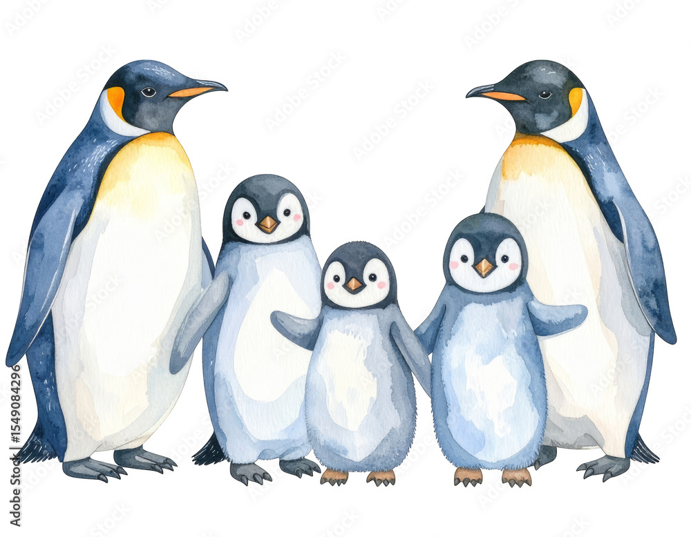 Obraz premium Adorable penguin family, three adult penguins and their cute babies huddling together
