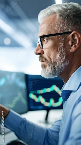 Focused grey-haired financial analyst examining data on multiple computer screens with stock charts and graphs