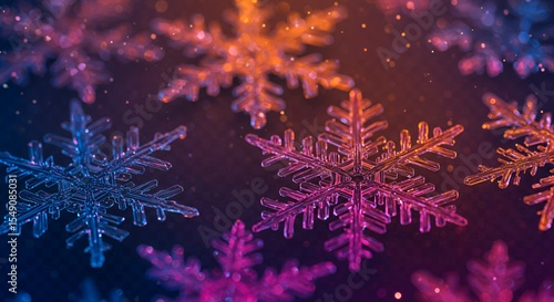 Enchanting Crystal Snowflakes in Vibrant Neon Hues, Festive Winter Wonderland
