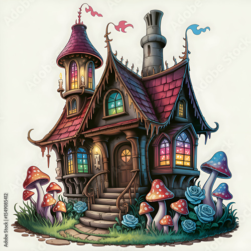 Enchanting witch's cottage surrounded by colorful mushrooms and blooming roses in a whimsical setting Generative AI