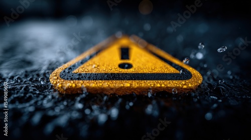 Close-up of a wet yellow caution warning sign with black exclamation mark du rainstorm