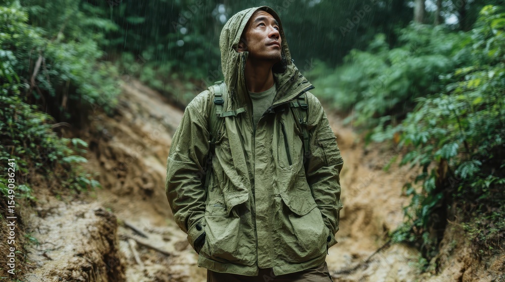 Obraz premium An adventurer stands in a lush, green forest while wearing rain gear, looking up at the sky, embodying the spirit of exploration and connection to nature's wonders.