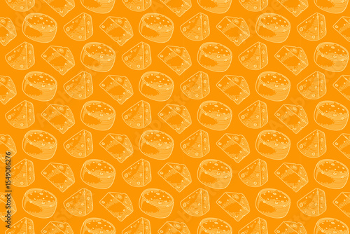 Seamless pattern with whole cheese wheels and cheese slices in vintage hatching engraving style on a yellow background. Ideal for dairy packaging, food branding, textiles, or retro kitchen decor.