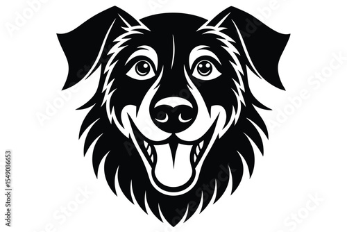 Black and white dog smiles happily, his tongue sticking out from his mouth