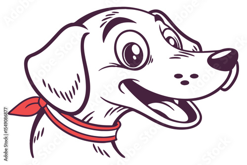 Cartoon dog with a red bandana cheerfully looks to the side with open mouth