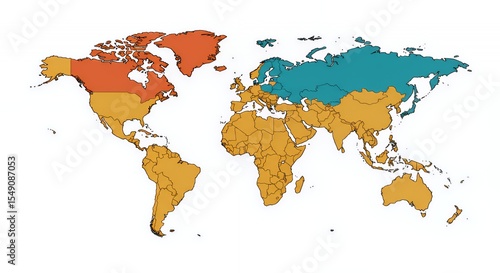 World Map Highlighting Canada, Russia, and Remaining Countries in Distinct Colors