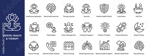 Modern Flat Line Art Mental Health & Therapy Icons Set - Mindfulness, Counseling, and Wellness Symbols for Digital Media, Apps, and Healthcare Graphics
