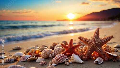 Starfish Rest Beneath Glowing Sunset Sky
