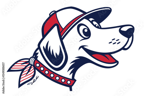 Cartoon dog wearing a cap and bandana, sporting a happy expression and clean line work