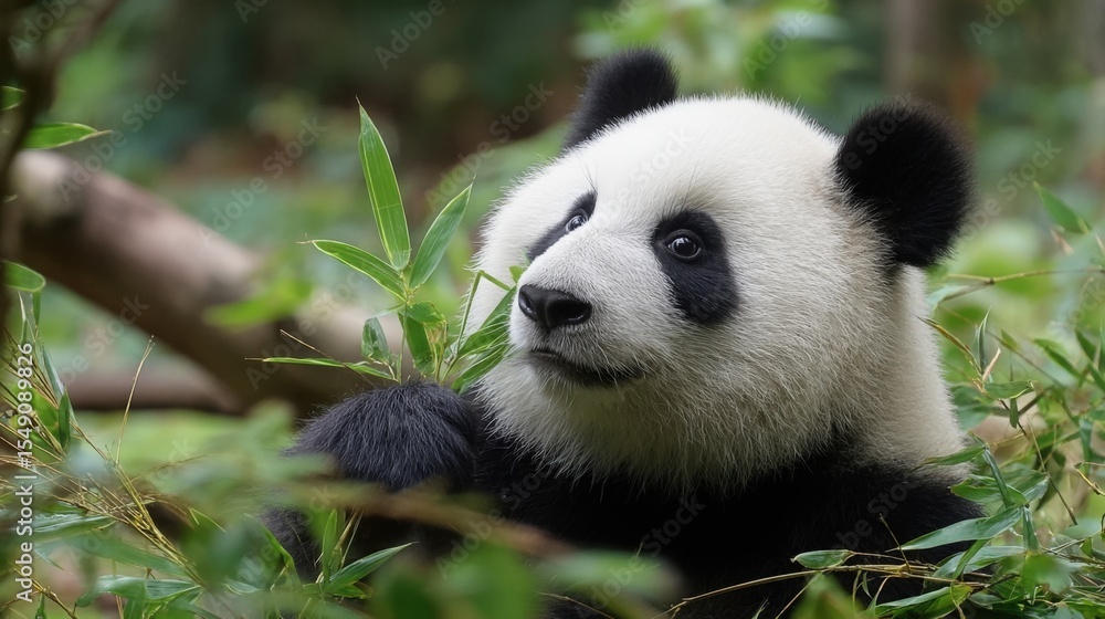 Adorable giant panda cub resting among bamboo in lush green forest environment Adorable giant panda cub resting among bamboo in lush green forest environment