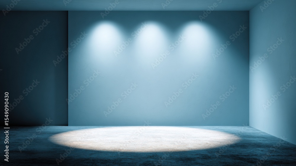 Obraz premium Empty Modern Exhibition Gallery with Blue Walls and Spotlight Lighting Illumination
