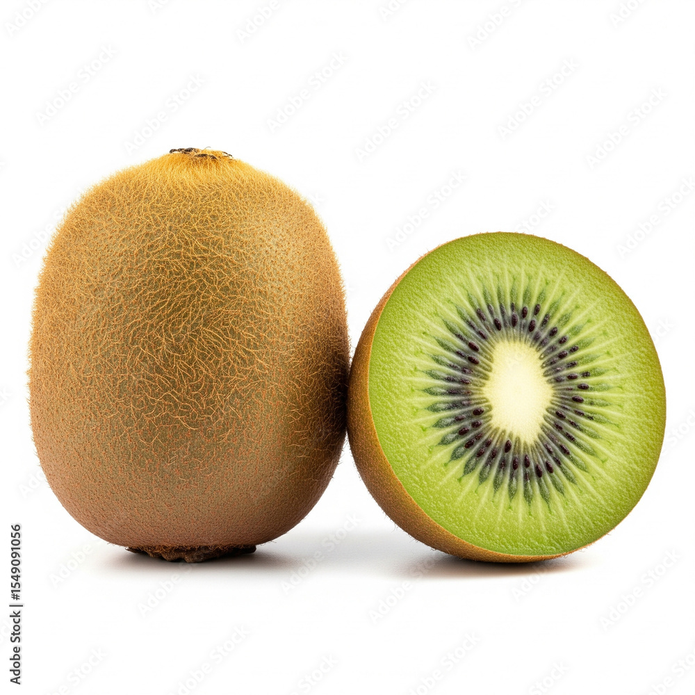 Fototapeta premium Whole and Halved Kiwi on White Background