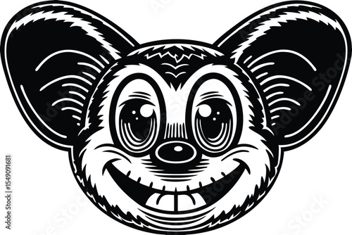 Cartoonish mouse head, rendered in black and white, happily smiles with distinct, outlines