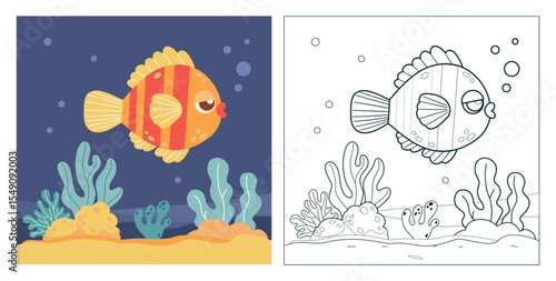 Tropical Striped Fish with algae and coral on seabed. Isolated Outline and color drawing. Coloring Page. Vector illustration. Kids collection