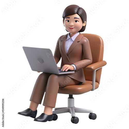 3d cartoon businesswoman working on laptop isolated on transparent background