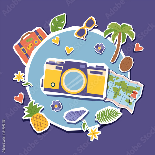 Travel collage clipart with photocamera in the middle and conceptual objects around. Summer, vacation, photographing, memories concepts. Vector flat illustration.