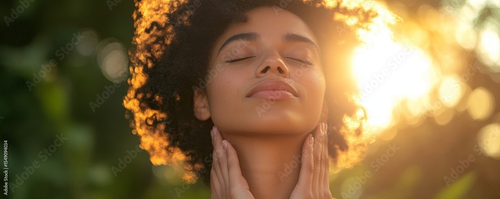 Fototapeta premium Woman touching her neck, experiencing a sore throat, indicating the onset of illness, Generative AI